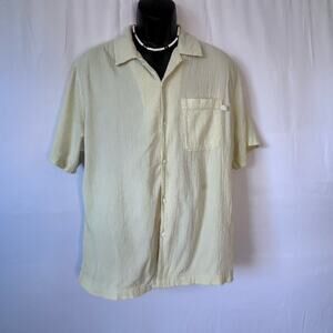 Standard Cloth Textured Button Down Shirt Light Yellow Short Sleeve M Summer